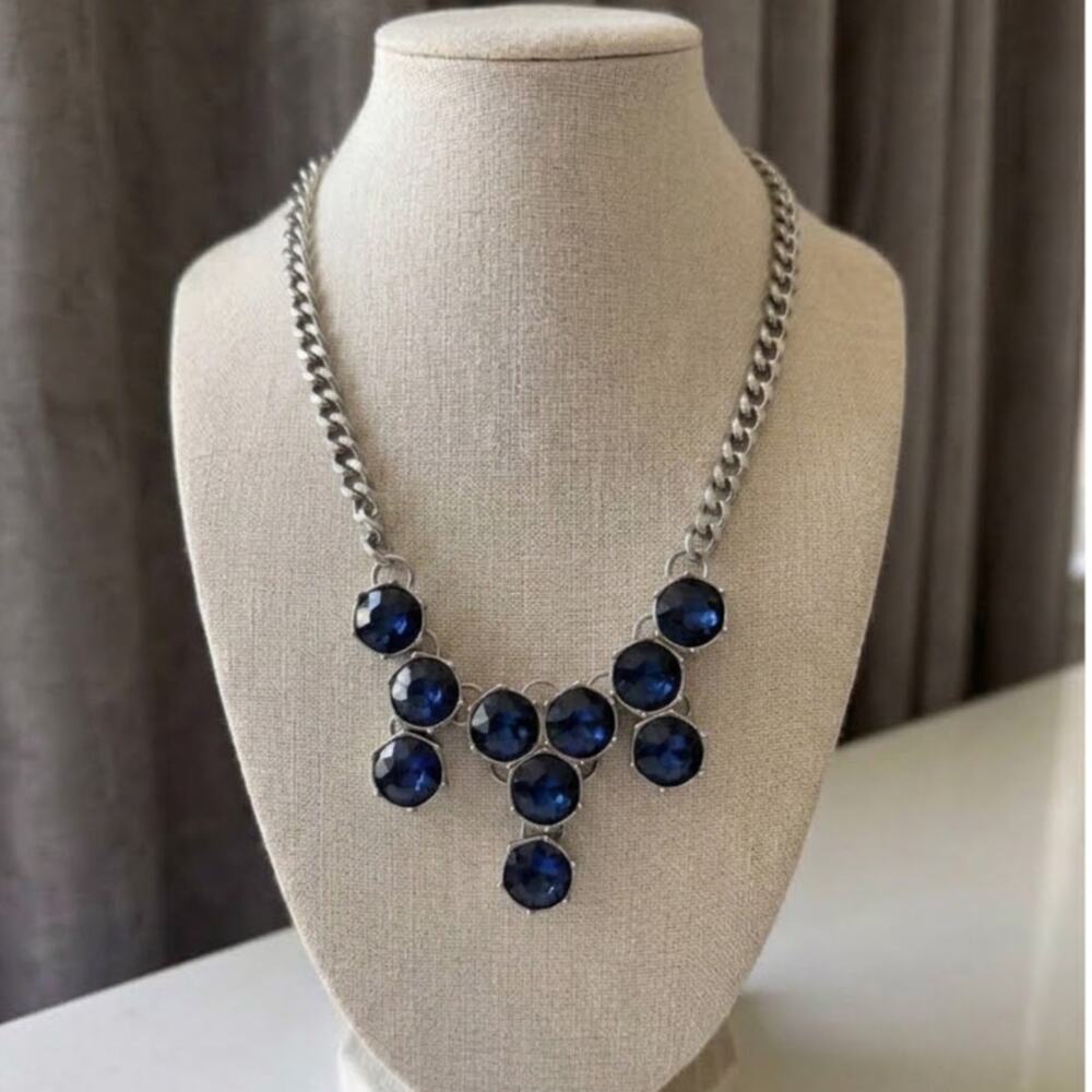 Vintage Y2K Dark Blue Crystal Rhinestone Statement Necklace Silver Tone 16”